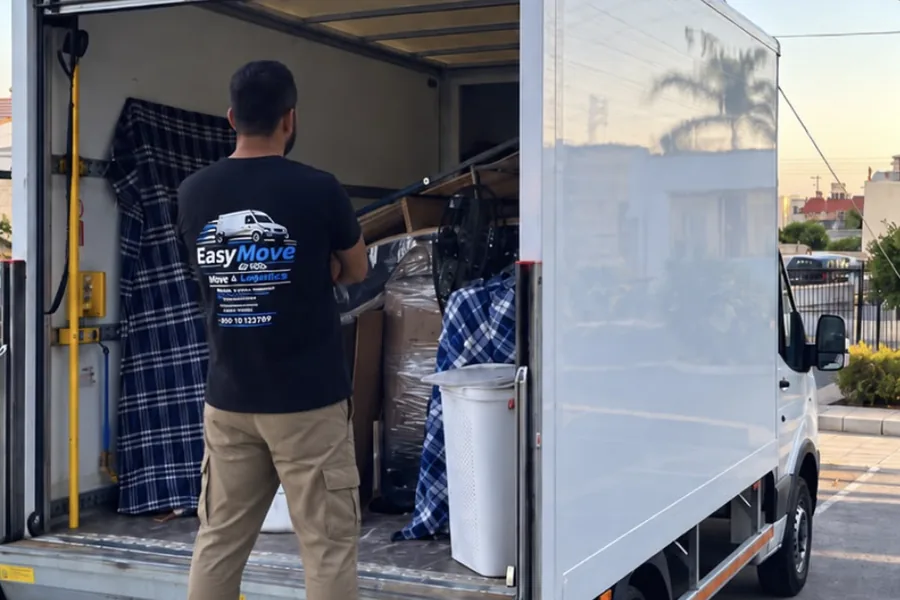 EasyMove by Klein mover loading a box van on the tail lift at sunset in Cyprus