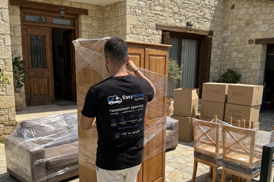 EasyMove by Klein mover wrapping a wardrobe outside a stone house in Cyprus