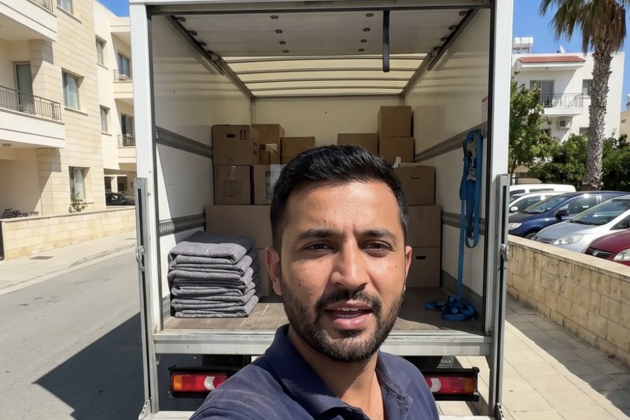 EasyMove by Klein mover in front of a loaded box van in Paphos